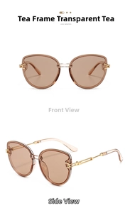 Detail view of brown cat-eye sunglasses with gold hollow metal temples and tea lenses