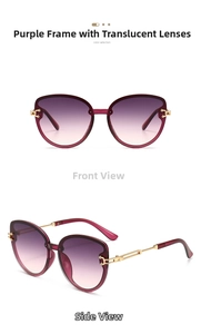 Cat eye sunglasses detail with purple gradient lenses and burgundy geometric metal temples