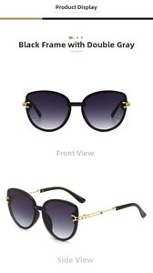 Detail of oversized cat eye sunglasses featuring gold hollow chain metal temples and black frame