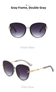 Detail view of cat eye sunglasses with gold chain temples and grey gradient lenses