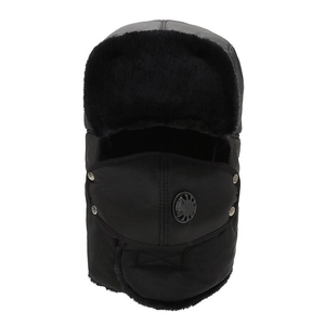 Detail of winter trapper hat with thick faux fur lining and breathable mask attachment