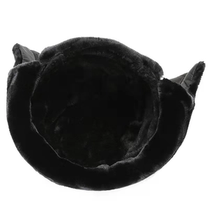 Detail of thick black plush lining and faux fur interior of the winter trapper hat
