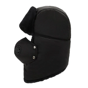 Detail of waterproof winter trapper hat with fur lining and removable breather valve mask
