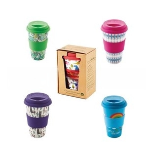 Bamboo fiber coffee cups set with colorful silicone lids and protective heat sleeves