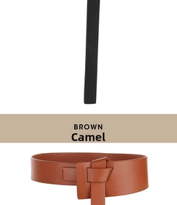 Detail view of stylish wide waist belt with unique knot buckle design and stitching