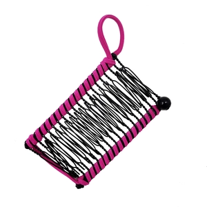 Detail view of pink elastic bands woven with black metal hair combs and beads