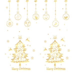 Golden Christmas wall decals featuring hanging ornaments and two festive trees on white
