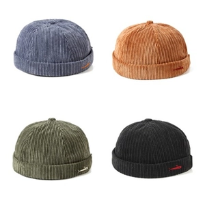 Retro Corduroy Docker Hat Brimless Cap Yuppie Beanie Adjustable Fish Embroidery For Men Women Casual
