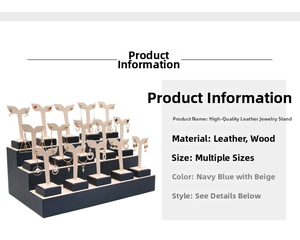 Detail of multi-tier navy blue and beige leather earring display stand with wood frame