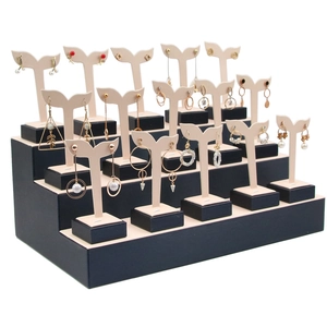 Navy blue brushed leather multi-tier jewelry display stand for earrings and accessories