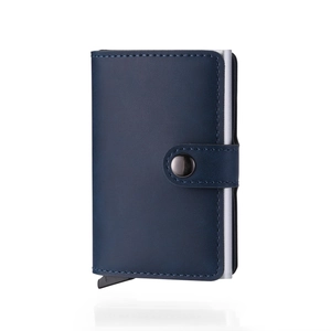 Deep blue PU leather card holder with automatic pop-up aluminum wallet and snap closure
