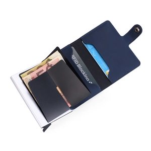 Detail of blue PU leather RFID blocking card holder showing inner slots and money clip