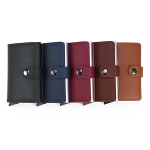 Detailed collection of five colored automatic pop-up wallets in premium textured PU leather