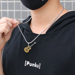 Men's hip-hop stainless steel guitar pendant necklace with silver twist chain on model