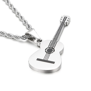 Polished stainless steel guitar pendant necklace with twisted rope chain in silver finish