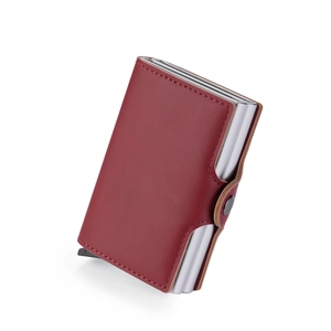Detail view of red PU leather wallet with silver aluminum pop-up card holder mechanism
