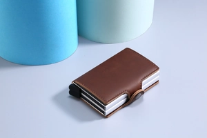 Brown PU leather pop-up card holder with metal aluminum alloy case and RFID protection