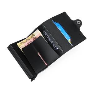 Detail of open RFID blocking wallet showing card slots and aluminum metal card holder