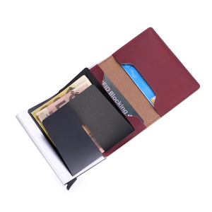 Slim RFID blocking wine red PU leather and aluminum pop-up card holder wallet