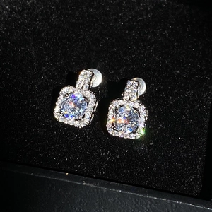 Exquisite square halo stud earrings with brilliant zircon and white gold plated finish