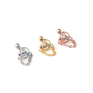 Star and moon stainless steel cartilage earrings with cubic zirconia and chains set