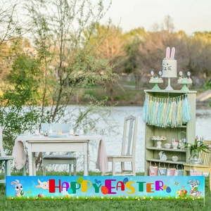 Outdoor Happy Easter banner featuring cartoon rabbits and colorful eggs on garden grass