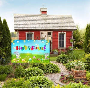 Outdoor Easter banner with colorful Happy Easter letters and cartoon bunny details
