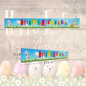 Easter banner detail showing 270x35cm dimensions and colorful Happy Easter prints
