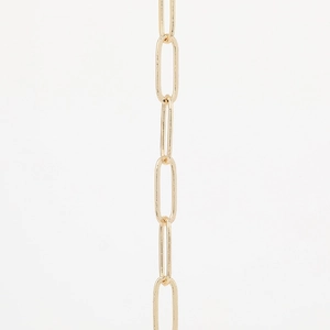 Vertical view of a gold paperclip chain link necklace made of polished pure copper