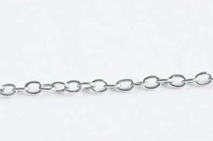 Macro shot of silver metal chain with oval links showing polished texture and shine