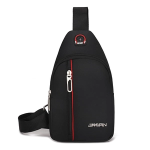 Men's minimalist black oxford cloth chest bag with adjustable strap and sport logo detail