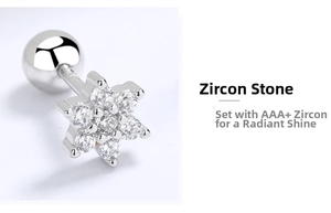 Macro detail of S925 sterling silver snowflake stud earrings with 3A+ cubic zirconia