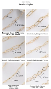 Detailed view of various gold-plated copper chains with flat O-ring and bead textures