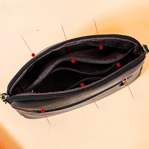 Black multi-compartment crossbody bag for women, featuring secure zip pockets and durable textured leather.