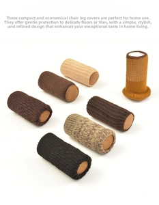 Close-up of knitted chair leg protectors with anti-slip felt pads in various colors