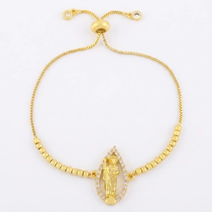 Adjustable gold bead chain bracelet with a religious zircon teardrop pendant charm