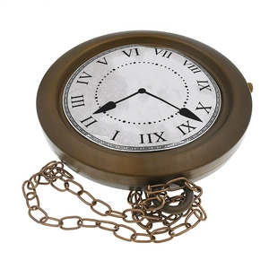 Vintage bronze clock with Roman numerals and metal chain for Easter cosplay decor