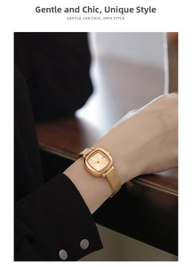 Elegant gold square quartz watch with Milanese mesh strap on woman's wrist