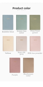 Flat lay of colorful mini A6 faux leather notebooks with gold foil NOTES lettering