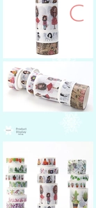 Macro view of assorted washi tapes featuring botanical and character illustrations for DIY