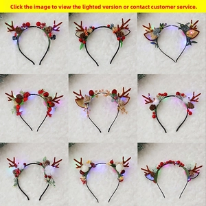 Detail showing nine styles of Christmas reindeer antler headbands with berries and pine cones