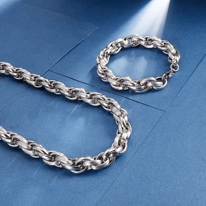 Men's stainless steel chunky chain necklace and bracelet set with brushed silver finish