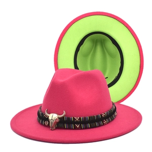 Two-tone wool fedora hat in magenta and neon green with ethnic band and bull head ornament