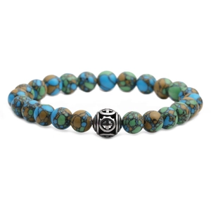 Men's beaded bracelet with natural agate stones and a silver hollow cross metal charm
