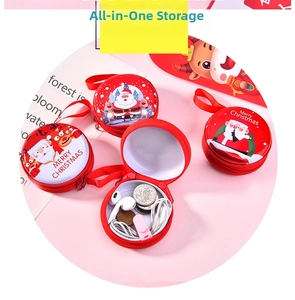 Detailed view of Christmas Santa tin coin purse with zipper and lanyard for earphones