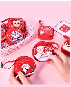 Christmas tinplate coin purse with cartoon Santa patterns and red hanging strap