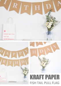 Detail of fishtail kraft paper banner with white Happy Birthday letters for party decor