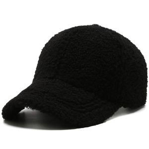 Black fuzzy lamb wool baseball cap for women with warm teddy fleece texture