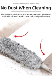 Detail of grey microfiber duster showing electrostatic adsorption of dust and hair