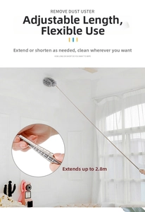Detail of extendable 2.8m microfiber duster reaching high indoor ceiling for cleaning